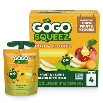 GoGo squeeZ No Sugar Added Fruit & VeggieZ Apple Pear Carrot Applesauce and Puree, 3.2 oz (4 Pack)
