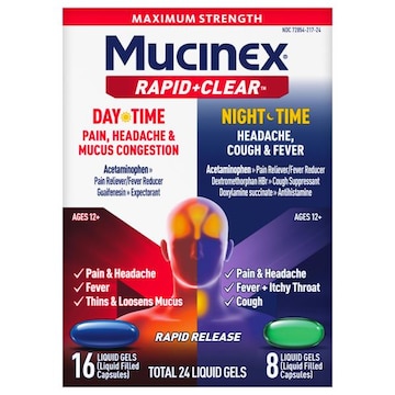 MUCINEX® Rapid+Clear Liquid Gels Daytime/Nighttime Pain, Headache & Mucus Congestion/Headache, Cough & Fever
