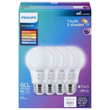 Phillips' 8 Watt Dimmable LED Medium Base A19 Bulb