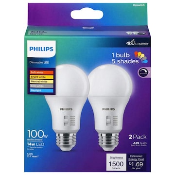 Phillips' Dimmable LED 14 Watts 5 Shades A19 Light Bulb