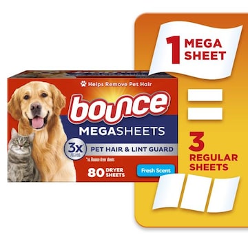 Bounce Pet & Lint Pet Hair and Lint Guard Mega Dryer Sheets with 3X Pet Hair Fighters, Fresh Scent, 80 Count