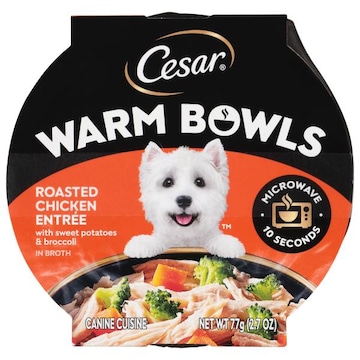 Cesar Warm Bowls in Broth Roasted Chicken Entree with Sweet Potatoes and Broccoli Canine Cuisine