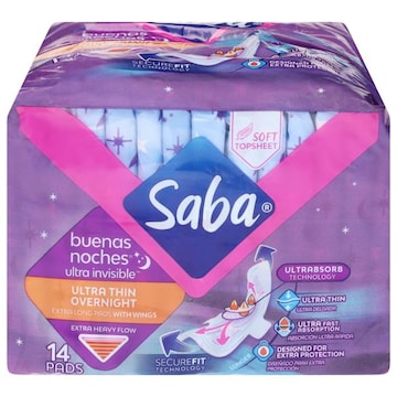 Saba Ultra Invisible Ultra Thin Overnight Extra Heavy Flow Extra Long Pads with Wings