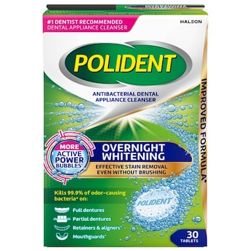 Polident Tablets Overnight Whitening Antibacterial Dental Appliance Cleanser