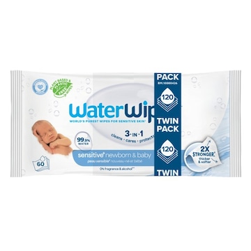 WaterWipes Sensitive Newborn & Baby 99.9% Water, Unscented & Hypoallergenic, 120 Count