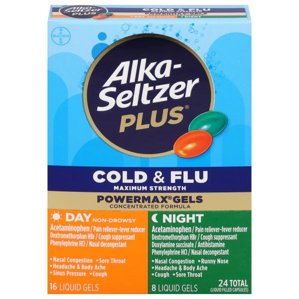 Alka-Seltzer Plus Cold & Flu, Maximum Strength, Day/Night, Liquid Gels ...