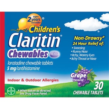 Claritin Loratadine, Antihistamine, 5 mg, Grape Flavored, Children's, Chewable Tablets