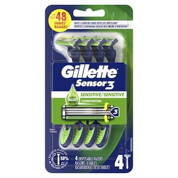 Gillette Sensor3 Sensitive Men's Disposable Razor, 4 Razors