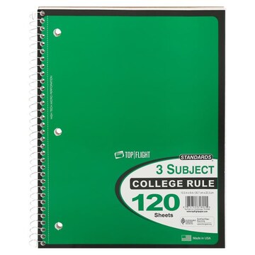Top Flight Standards Notebook, College Rule, 3 Subject, 120 Sheets