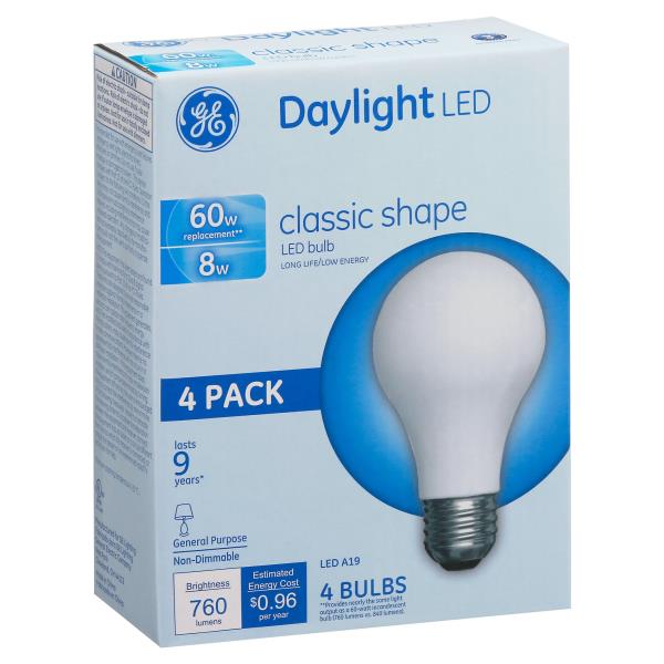 Ge Light Bulbs, LED, Daylight, Classic Shape, 8 Watts, 4 Pack Publix