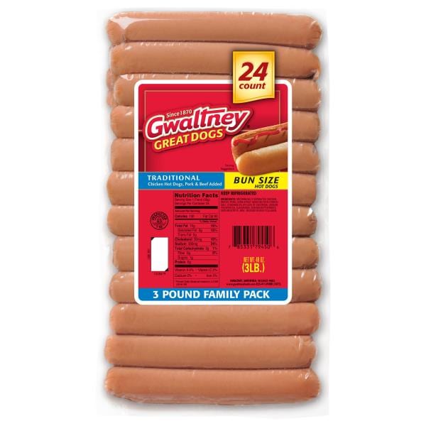 Gwaltney Hot Dogs, Chicken, Traditional, Bun Size, 3 Pound Family Pack ...