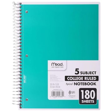 Mead Notebook, Spiral, 5 Subject, College Ruled, 180 Sheets