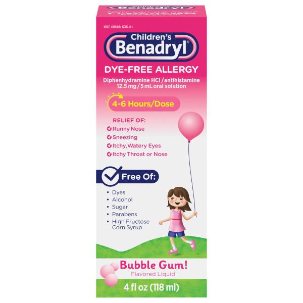 Benadryl Children's Allergy, Dye-Free, Liquid, Bubble Gum! Flavored ...