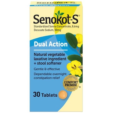 Senokot-S Laxative Ingredient + Stool Softener, Natural Vegetable, Dual Action, Tablets