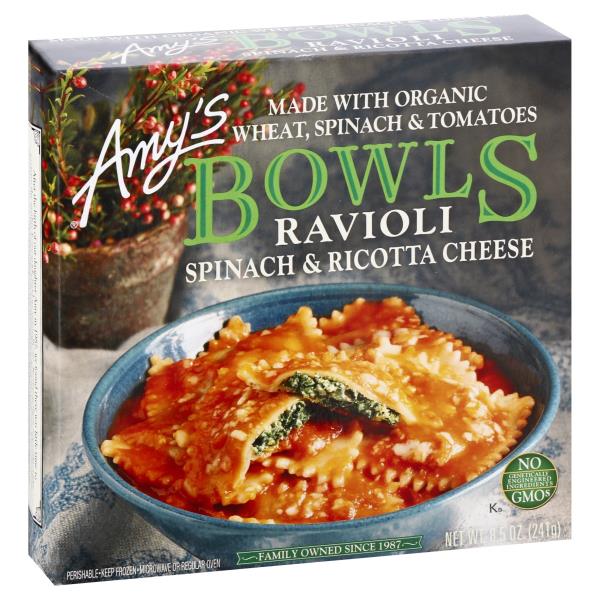 Amy's Bowls Frozen Bowls, Spinach & Ricotta Cheese Ravioli, NonGMO, 8.