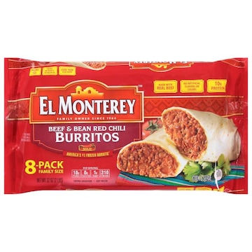 El Monterey Burritos, Beef & Bean Red Chili, Mild, Family Size, 8 Pack