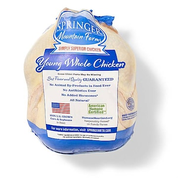 Springer Mountain Young Whole Chicken, Grade A, Raised Without Antibiotics