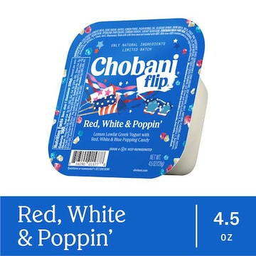 Chobani Flip Red, white, and blue popping candy pieces tumble together in lemon Chobani® Greek Yogurt. Made with only natural ingredients.