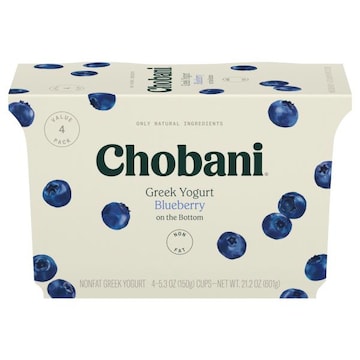 Chobani Yogurt, Nonfat, Greek, Blueberry on the Bottom, Value 4 Pack