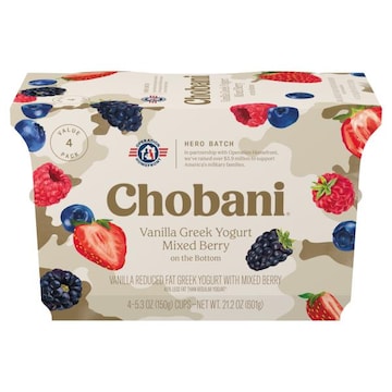 Chobani Greek Yogurt, Low Fat, Vanilla Greek Yogurt Mixed Berry on the Bottom, Value Pack