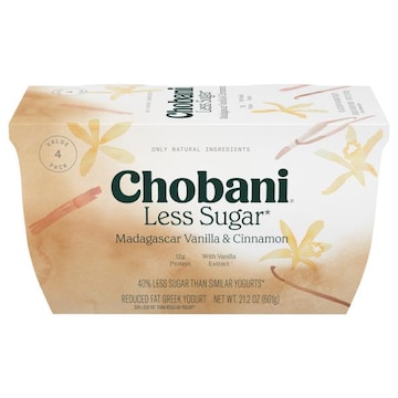 Chobani Yogurt, Greek, Less Sugar, Reduced Fat, Madagascar Vanilla & Cinnamon, Value 4 Pack