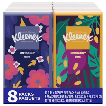 Kleenex On the Go Tissues, Ultra, 3-Ply, 8 Packs