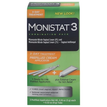 Monistat 3 Vaginal Antifungal, Prefilled Cream Applicator, 3-Day Treatment, Combination Pack