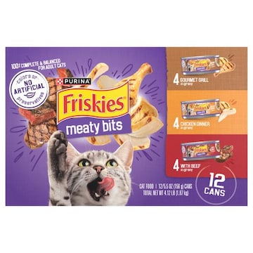 Friskies Meaty Bits Cat Food, Gourmet Grill in Gravy/Chicken Dinner in Gravy/with Beef in Gravy