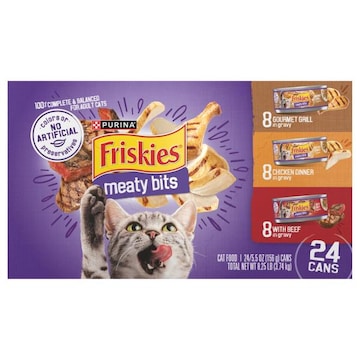 Friskies Meaty Bits Cat Food, Gourmet Grill in Gravy/Chicken Dinner in Gravy/with Beef in Gravy