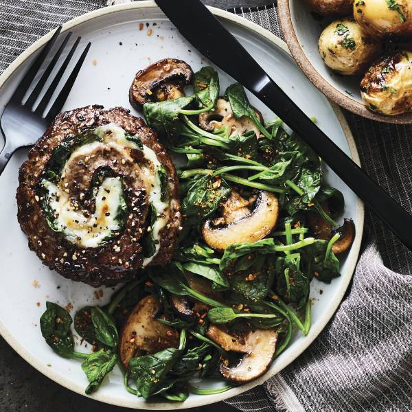 MozzarellaStuffed Flank Steak with Potatoes and Spinach & Mushrooms