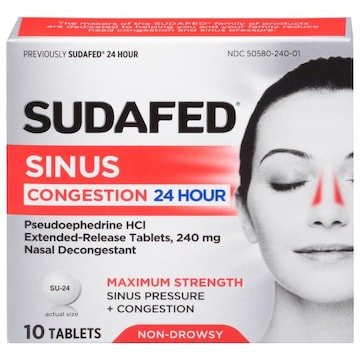 Sudafed Sinus Congestion, 24 Hour, Non-Drowsy, Maximum Strength, 240 mg, Tablets
