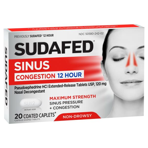 Sudafed Long-Acting Nasal Decongestant, 120 mg, 12 Hour, Non-Drowsy ...