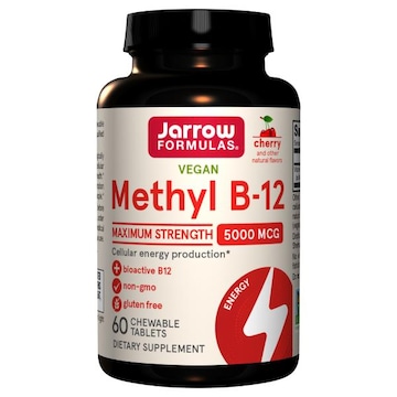 Jarrow Formulas Energy Methyl B-12, Vegan, Maximum Strength, 5000 mcg, Chewable Tablets, Cherry