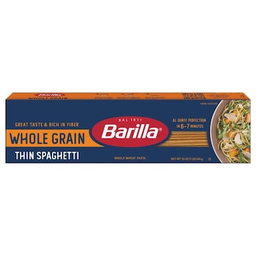 Barilla Whole Grain Thin Spaghetti Pasta - Non-GMO Pasta Made With 100% Whole Grain Durum Wheat - Great Source of Fiber