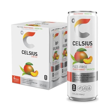 Celsius Fizz Free Peach Mango Green Tea, Functional Energy Drink, 4 Pack