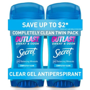 Secret Outlast Clear Gel Antiperspirant Deodorant for Women, Completely Clean, Twin of 2.6 oz