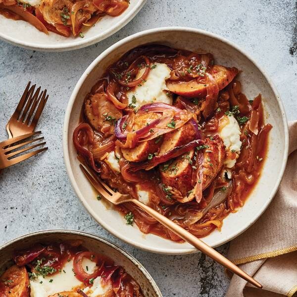 Sausages with OnionApple Gravy over Potatoes Publix Super Markets