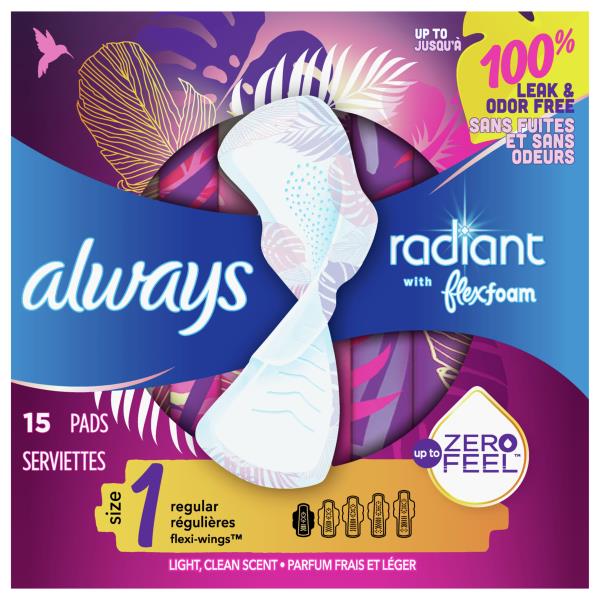 Always Radiant Pads, FlexiWings, Regular, Light, Clean Scent, Size 1