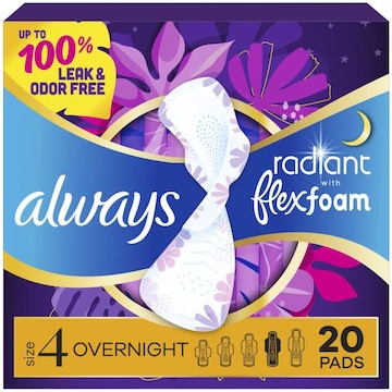 Always Radiant With FlexFoam Pads, Size 4, Overnight, Wings, 20 CT