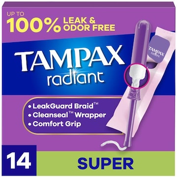 Tampax Radiant Tampons, with LeakGuard Braid, Super, 14 Count