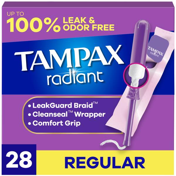 Tampax Radiant Tampons, with LeakGuard Braid, Regular, 28 Count