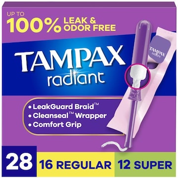 Tampax Radiant Tampons Multipack, with LeakGuard Braid, Regular/Super, 28 Count