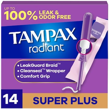 Tampax Radiant Tampons, with LeakGuard Braid, Super Plus, 14 Count