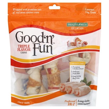 Healthy Hide Good 'n' Fun Chews, Triple Flavor, Chicken Jerky, 6 Inch Bones, 3 Pack