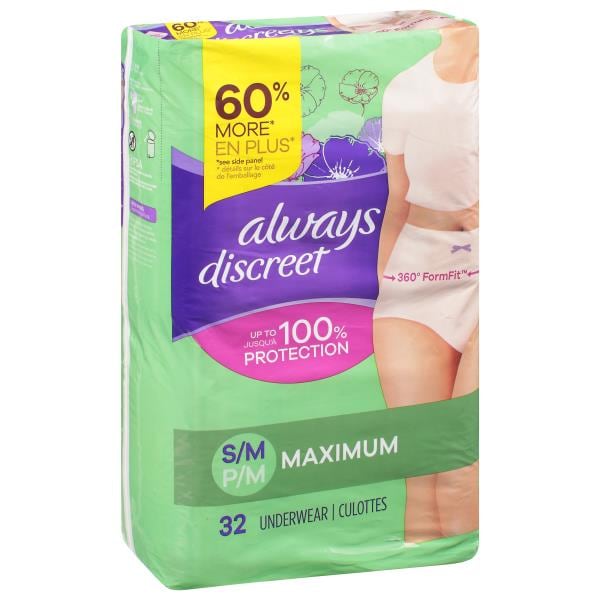 Always Discreet Maximum Protection Underwear Small/Medium 32 Count
