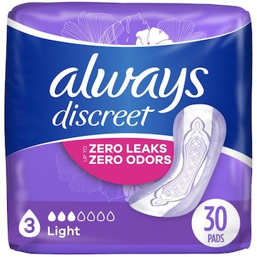 Always Discreet Pads, Light Absorbency, Regular Length, 30 Count
