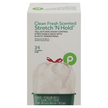 Publix Tall Kitchen Bags, Drawstring, Odor Control, Clean Fresh Scented, Stretch 'N Hold, 13 Gallon