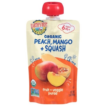 Earth's Best Organic Organic Fruit + Veggie Puree, Organic, Peach Mango + Squash, Ages 6m+