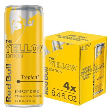 Red Bull Yellow Edition Energy Drink Tropical, 80mg Caffeine, 8.4 fl oz, Pack of 4 Cans