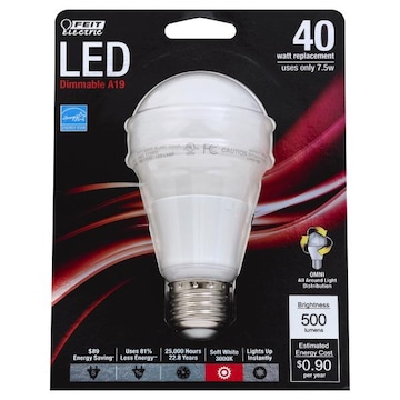 Feit Electric Light Bulb, LED, Dimmable A19, Soft White, 7.5 Watts